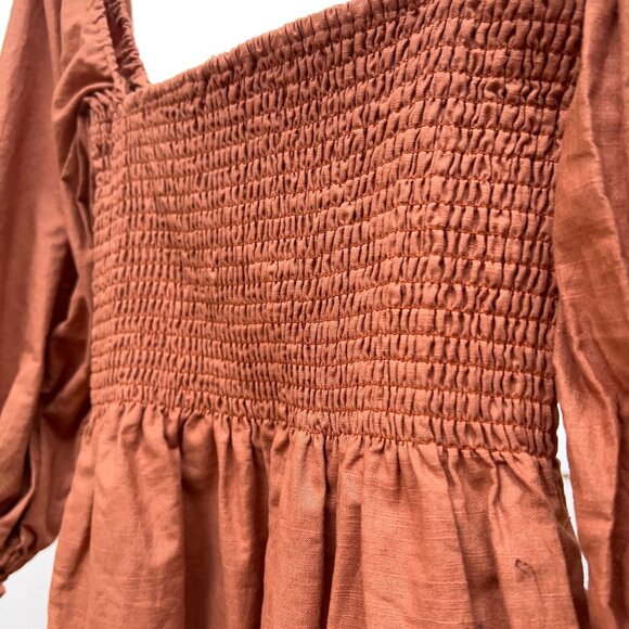 Kourt Portia Rust Smocked Mini Dress Puff Sleeve Square Neck Linen Blend Size S - Picture 6 of 11